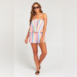 Show Me Your Mumu Thelma Romper ~ Rainbow Stripe Linen Romper